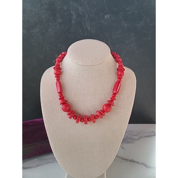 Vintage Red Plastic Beaded Necklace - Picture 1 of 10
